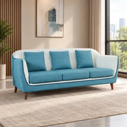 Modern blue three seater fabric sofa with wooden legs Blue contemporary sofa with three seat and back cushions Modern blue fabric sofa for home apartment and lounge Blue sofa with premium fabric finish and elegant edge detailing Modern three seater sofa from Global Star Furniture Ghaziabad