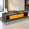 conference table, modern conference table, office conference table, meeting room table, corporate conference table, executive conference table, office furniture, conference table with cable management, wood texture conference table, yellow panel conference table, slat panel conference table, office furniture manufacturer, conference table manufacturer, office furniture Ghaziabad