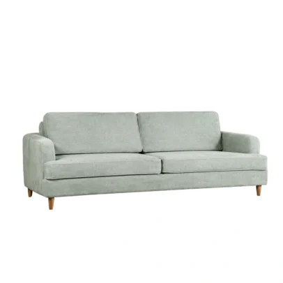 Modern sage green fabric two seater sofa with wooden legs Sage green sofa with comfortable cushions and elegant armrests Modern two seater fabric sofa for home and lounge Contemporary green sofa with soft fabric upholstery and wooden legs Modern sage green sofa from Global Star Furniture Ghaziabad