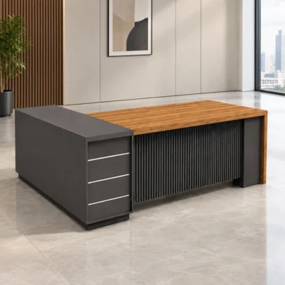 executive office table, modern executive table, office table, executive desk, office furniture, fluted office table, fluted front panel table, office table with drawers, office table with storage, wood grain office table, modern office furniture, corporate office furniture, office furniture manufacturer, office furniture Ghaziabad