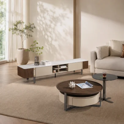 Modern living room table set with centre table storage, side table and TV unit. Contemporary home furniture from Global Star Furniture, Ghaziabad.