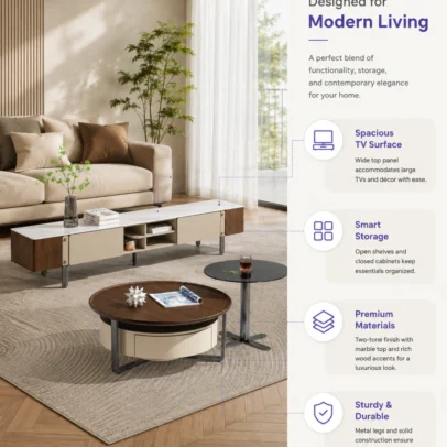 Modern living room table set with centre table storage, side table and TV unit. Contemporary home furniture from Global Star Furniture, Ghaziabad.