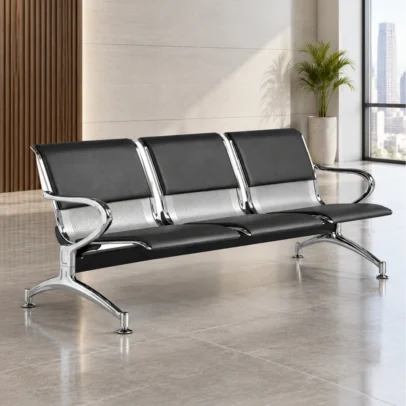3 seater waiting chair, office waiting chair, reception waiting chair, 3 seater reception chair, visitor waiting chair, black waiting chair, perforated waiting chair, office reception seating, waiting area furniture, reception furniture, office chairs, visitor seating, office furniture, furniture manufacturer in Ghaziabad, Global Star Furniture