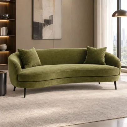 Modern olive green curved fabric sofa with tapered legs Olive green modern sofa with soft fabric upholstery Curved fabric sofa for modern living room Modern curved sofa with smooth seat finish and tapered legs Premium fabric sofa from Global Star Furniture Ghaziabad