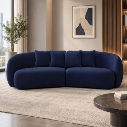 modern sofa, curved sofa, navy blue sofa, fabric sofa, premium fabric sofa, modern living room sofa, curved sofa design, contemporary sofa, lounge sofa, home sofa, sofa manufacturer, furniture manufacturer Ghaziabad, Global Star Furniture