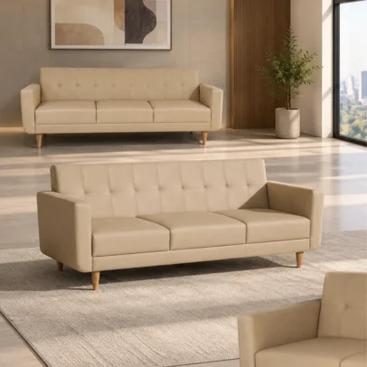 Modern beige tufted sofa set with premium upholstery Beige modern sofa with tufted back and wooden legs Premium upholstered sofa set for living room Modern tufted sofa with comfortable armrests Beige sofa set by Global Star Furniture Ghaziabad