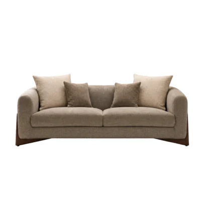 Modern grey brown fabric sofa set with wooden base Premium fabric sofa with comfortable cushions and wooden base Modern sofa set for living room with contemporary design Neutral fabric sofa with rounded armrests and wooden base