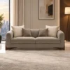 Modern grey brown fabric sofa set with wooden base Premium fabric sofa with comfortable cushions and wooden base Modern sofa set for living room with contemporary design Neutral fabric sofa with rounded armrests and wooden base