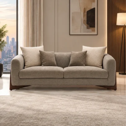 Modern grey brown fabric sofa set with wooden base Premium fabric sofa with comfortable cushions and wooden base Modern sofa set for living room with contemporary design Neutral fabric sofa with rounded armrests and wooden base