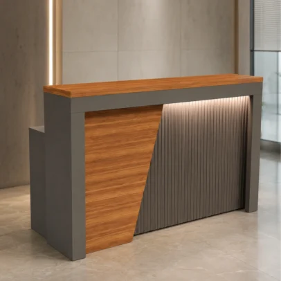 OREVA reception desk, modern reception desk, reception table, office reception furniture, reception counter, reception desk with storage, wood finish reception desk, modern office furniture, reception furniture manufacturer, office furniture manufacturer Ghaziabad, reception desk Ghaziabad, office furniture Ghaziabad, commercial reception furniture, office reception counter
