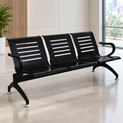3 seater waiting chair, black waiting chair, perforated waiting chair, office waiting chair, 3 seater reception chair, reception waiting chair, visitor waiting chair, black reception seating, office reception seating, waiting area furniture, reception furniture, office furniture, office chair manufacturer, furniture manufacturer in Ghaziabad, Global Star Furniture