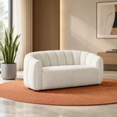 Modern cream fabric sofa with channel tufted back Contemporary upholstered sofa with rounded arms Modern fabric sofa for living room and office Channel tufted cream sofa by Global Star Furniture Modern sofa manufacturer in Ghaziabad with textured fabric finish