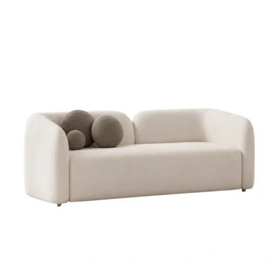 Modern cream fabric sofa with curved edges Contemporary cream sofa with stylish cushions Modern upholstered sofa for living room Cream fabric sofa by Global Star Furniture Modern sofa manufacturer in Ghaziabad