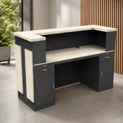 OMRON reception desk, modern reception desk, reception table, office reception furniture, reception counter, reception desk with storage, modern office furniture, wood finish reception desk, reception furniture manufacturer, office furniture manufacturer Ghaziabad, reception desk Ghaziabad, office furniture Ghaziabad, commercial reception furniture, office reception counter