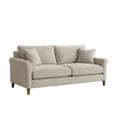 Modern fabric sofa with wooden legs Light neutral upholstered sofa with cushions Modern living room sofa with elegant armrests Contemporary fabric sofa by Global Star Furniture Modern sofa manufacturer in Ghaziabad with wooden legs