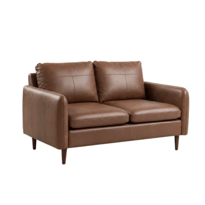 Modern brown two-seater sofa with leather finish Brown contemporary sofa with cushioned seating and wooden legs Modern two-seater leather finish sofa for home and office Brown sofa with refined armrests and tapered wooden legs Modern brown sofa from Global Star Furniture Ghaziabad