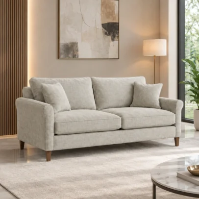 Modern fabric sofa with wooden legs Light neutral upholstered sofa with cushions Modern living room sofa with elegant armrests Contemporary fabric sofa by Global Star Furniture Modern sofa manufacturer in Ghaziabad with wooden legs