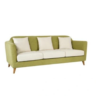 Modern green fabric sofa with cushions and wooden legs Contemporary green sofa with three light cushions Modern fabric sofa for home living room and lounge Green upholstered sofa by Global Star Furniture Modern sofa manufacturer in Ghaziabad with wooden legs