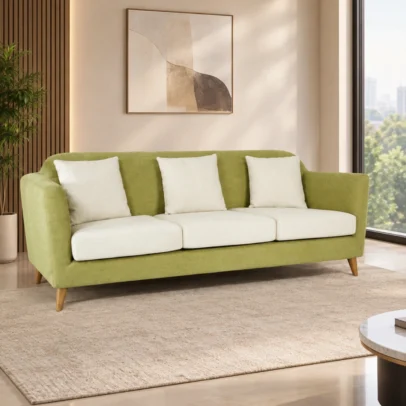 Modern green fabric sofa with cushions and wooden legs Contemporary green sofa with three light cushions Modern fabric sofa for home living room and lounge Green upholstered sofa by Global Star Furniture Modern sofa manufacturer in Ghaziabad with wooden legs