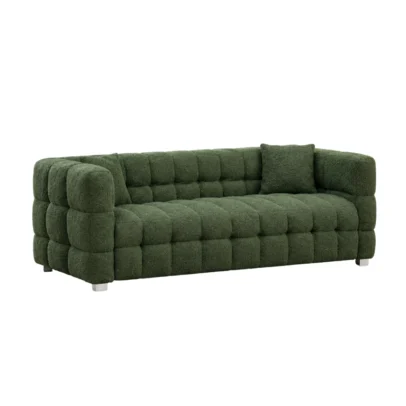 Deep tufted green fabric sofa with cushioned arms Modern green tufted sofa with textured fabric finish Contemporary green fabric sofa for lounge and home Deep tufted upholstered sofa by Global Star Furniture Green modern sofa manufacturer in Ghaziabad