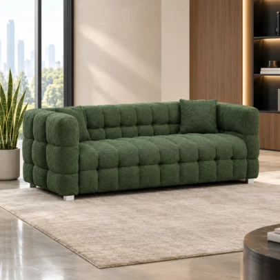 Deep tufted green fabric sofa with cushioned arms Modern green tufted sofa with textured fabric finish Contemporary green fabric sofa for lounge and home Deep tufted upholstered sofa by Global Star Furniture Green modern sofa manufacturer in Ghaziabad