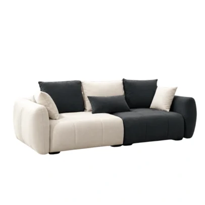Modern two-tone fabric sofa with cushions Cream and dark upholstered sofa with curved arms Contemporary two-tone sofa for modern living room Modern fabric sofa by Global Star Furniture Two-tone sofa manufacturer in Ghaziabad