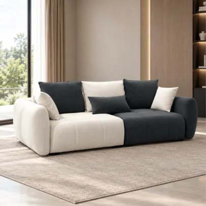 Modern two-tone fabric sofa with cushions Cream and dark upholstered sofa with curved arms Contemporary two-tone sofa for modern living room Modern fabric sofa by Global Star Furniture Two-tone sofa manufacturer in Ghaziabad