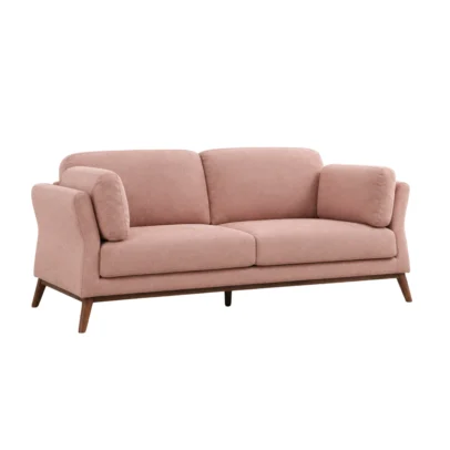 Modern pink fabric sofa with wooden legs Blush pink upholstered sofa with cushions Modern living room sofa with rounded armrests Contemporary pink fabric sofa by Global Star Furniture Pink sofa manufacturer in Ghaziabad with wooden legs