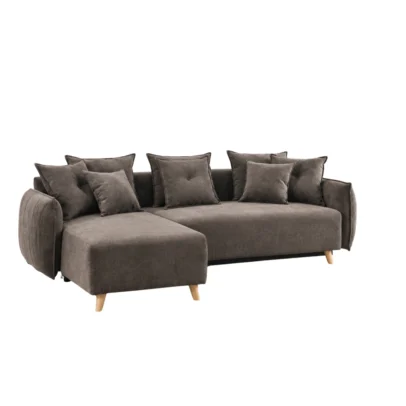 Modern sectional sofa design Integrated chaise / extended seating section Dark grey fabric upholstery Subtle textured upholstery appearance Spacious seating configuration Multiple layered cushions Button-detail cushion visible Rounded armrest design Clearly defined chaise construction Natural wood-toned tapered legs Contemporary residential appearance Suitable for living rooms and lounge areas