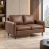 Modern brown two-seater sofa with leather finish Brown contemporary sofa with cushioned seating and wooden legs Modern two-seater leather finish sofa for home and office Brown sofa with refined armrests and tapered wooden legs Modern brown sofa from Global Star Furniture Ghaziabad