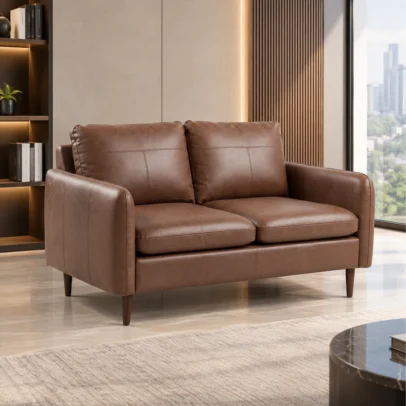 Modern brown two-seater sofa with leather finish Brown contemporary sofa with cushioned seating and wooden legs Modern two-seater leather finish sofa for home and office Brown sofa with refined armrests and tapered wooden legs Modern brown sofa from Global Star Furniture Ghaziabad