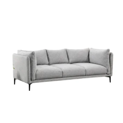 Modern 3 seater sofa design Light grey fabric upholstery Soft fabric appearance Plush cushioning Multiple back cushions Individual seat cushions Refined edge detailing Sleek metal legs Contemporary silhouette Spacious seating arrangement Neutral colour suitable for modern interiors Designed for living rooms, lounges and modern homes