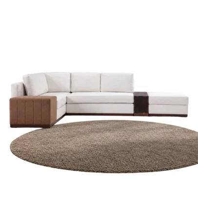 Modern L-shaped sectional sofa with fabric upholstery Contemporary cream fabric L-shaped sofa for living room Modern sectional sofa with brown upholstered end section L-shaped living room sofa by Global Star Furniture Modern fabric sectional sofa manufacturer in Ghaziabad