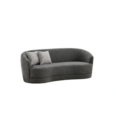 Modern curved 3 seater sofa in dark grey fabric Contemporary grey sofa with rounded arms and backrest Modern three seater upholstered sofa with cushions Curved living room sofa by Global Star Furniture Dark grey modern sofa manufacturer in Ghaziabad