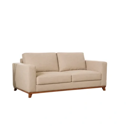 Modern cream fabric sofa set with wooden base Cream sofa with plush cushions and contemporary design Modern fabric sofa set for living room and lounge Cream sofa with structured armrests and wooden feet Modern cream sofa set from Global Star Furniture Ghaziabad