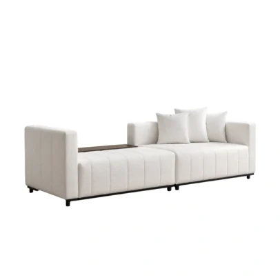 Modern modular sofa with chaise in cream fabric Contemporary sectional sofa with vertical channel upholstery Cream modular living room sofa with three cushions Modern sofa with chaise by Global Star Furniture Modular sectional sofa manufacturer in Ghaziabad