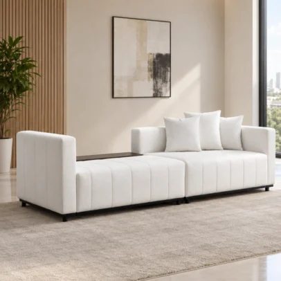 Modern modular sofa with chaise in cream fabric Contemporary sectional sofa with vertical channel upholstery Cream modular living room sofa with three cushions Modern sofa with chaise by Global Star Furniture Modular sectional sofa manufacturer in Ghaziabad