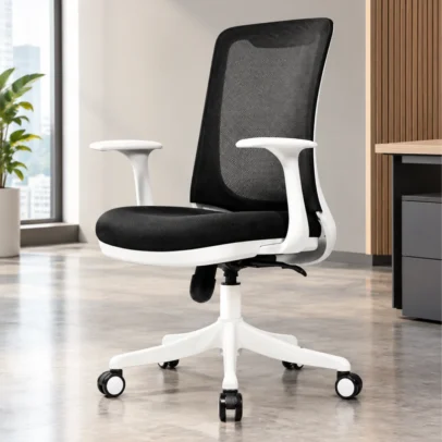 black mesh office chair, white frame office chair, mesh office chair, modern office chair, black office chair, office chair with armrests, mesh chair, computer office chair, workstation chair, office furniture, office chair manufacturer, office furniture manufacturer, office furniture Ghaziabad, office chair supplier, Global Star Furniture