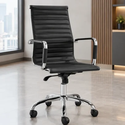 black executive office chair, high back executive chair, executive office chair, black office chair, padded office chair, chrome office chair, office chair with chrome base, high back office chair, executive office furniture, office furniture, office chair manufacturer, office furniture manufacturer, office furniture Ghaziabad, executive chair supplier, Global Star Furniture
