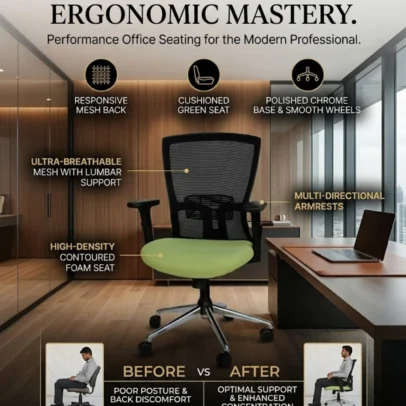 office chair, mesh office chair, modern office chair, green office chair, black mesh office chair, office chair with armrests, office chair with lumbar support, ergonomic style office chair, high back office chair, office furniture, office chair manufacturer, office furniture manufacturer, office furniture Ghaziabad, furniture manufacturer Ghaziabad
