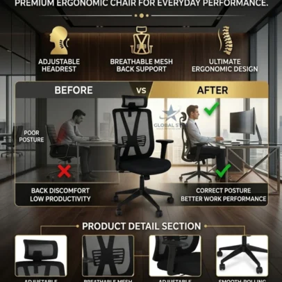 office chair, mesh office chair, high back office chair, office chair with headrest, mesh office chair with headrest, black office chair, office chair with armrests, office chair with lumbar support, modern office chair, cushioned office chair, office furniture, office chair manufacturer, office furniture manufacturer, office furniture Ghaziabad, furniture manufacturer Ghaziabad