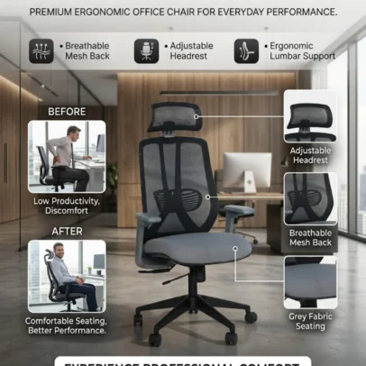 office chair, mesh office chair, high back office chair, office chair with headrest, mesh office chair with headrest, black office chair, grey office chair, office chair with lumbar support, office chair with armrests, modern office chair, cushioned office chair, office furniture, office chair manufacturer, office furniture manufacturer, office furniture Ghaziabad